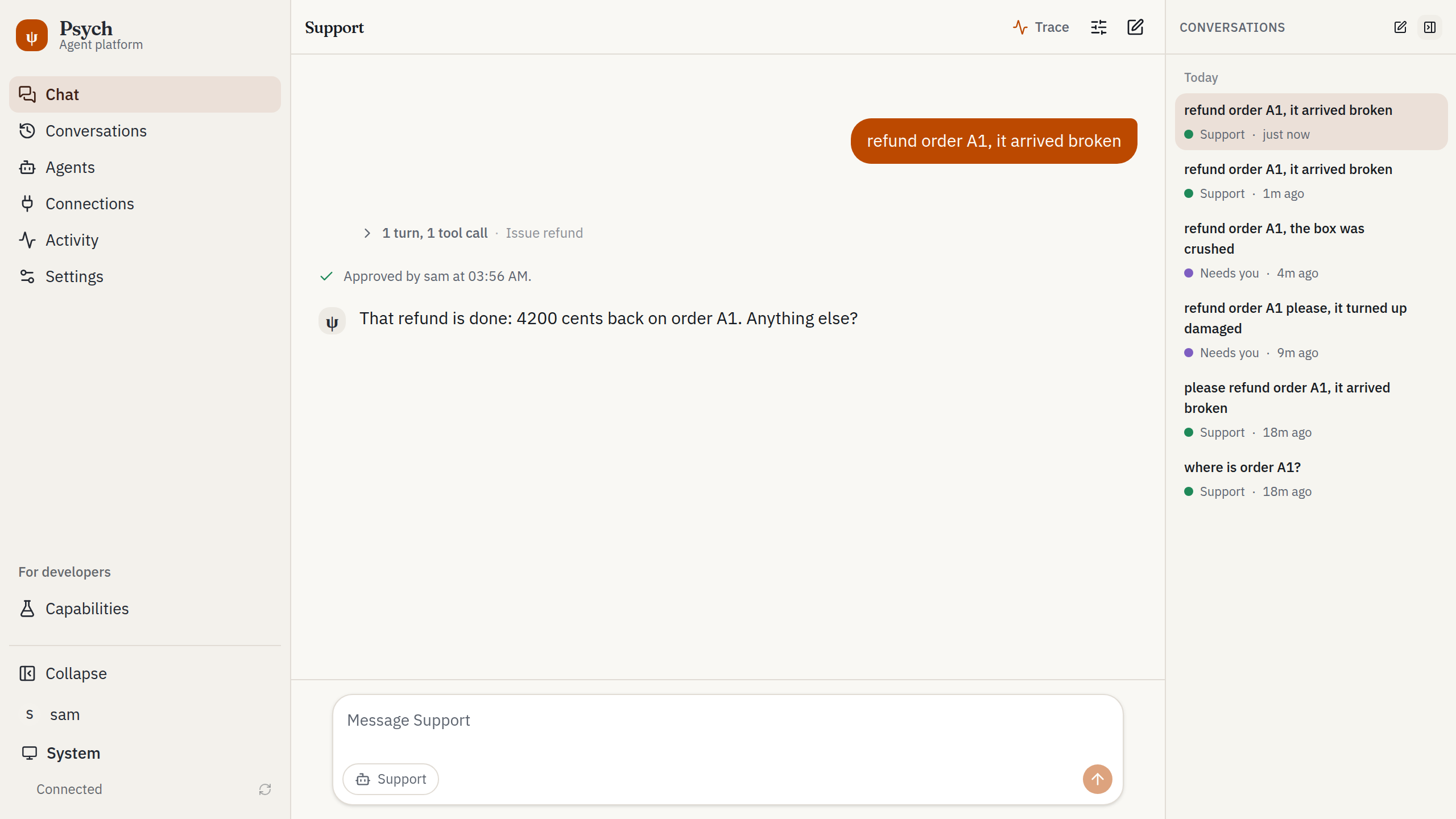 The same conversation after approval: a line reading Approved by sam, then the agent's reply confirming the refund.